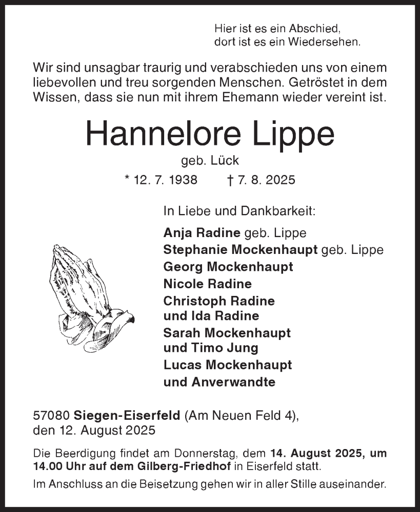  Traueranzeige für Hannelore Lippe vom 12.08.2025 aus Siegener Zeitung