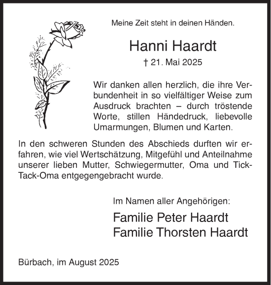 Traueranzeige von Hanni Haardt von Siegener Zeitung