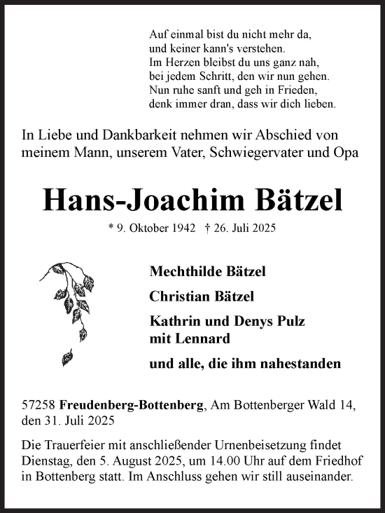 Traueranzeige von Hans-Joachim Bätzel von Siegener Zeitung