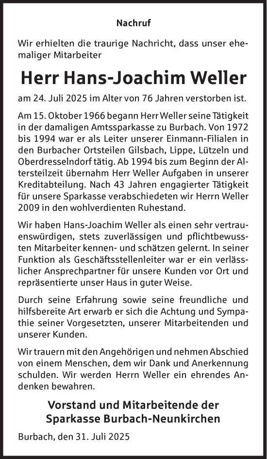 Traueranzeige von Hans-Joachim Weller von Siegener Zeitung
