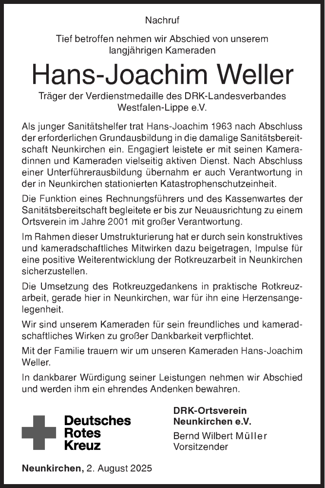  Traueranzeige für Hans-Joachim Weller vom 02.08.2025 aus Siegener Zeitung