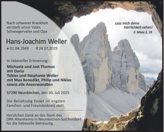 Traueranzeige von Hans-Joachim Weller von Siegener Zeitung