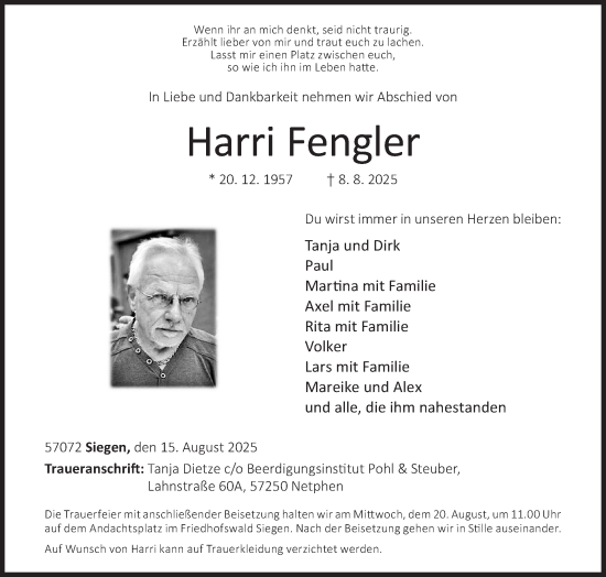 Traueranzeige von Harri Fengler von Siegener Zeitung