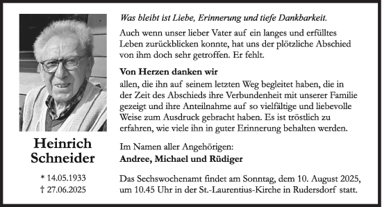 Traueranzeige von Heinrich Schneider von Siegener Zeitung