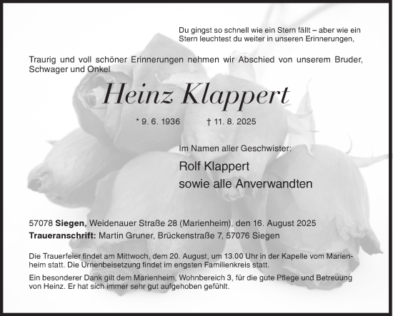 Traueranzeige von Heinz Klappert von Siegener Zeitung