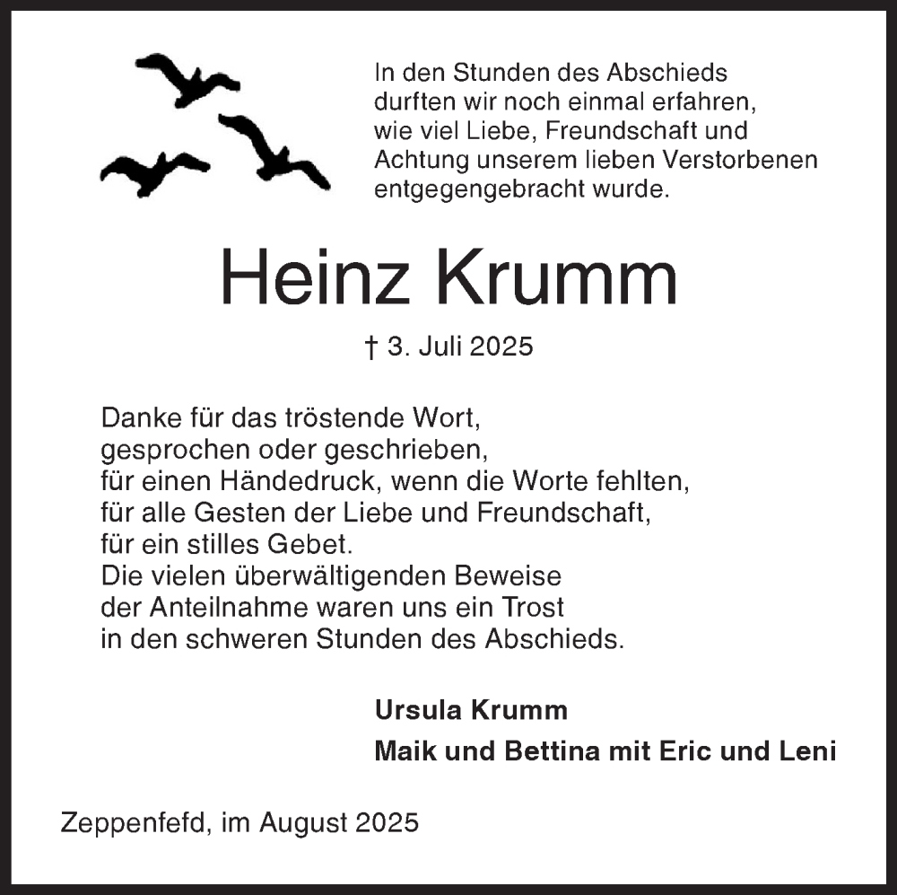  Traueranzeige für Heinz Krumm vom 09.08.2025 aus Siegener Zeitung