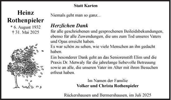 Traueranzeige von Heinz Rothenpieler von Siegener Zeitung