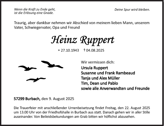 Traueranzeige von Heinz Ruppert von Siegener Zeitung
