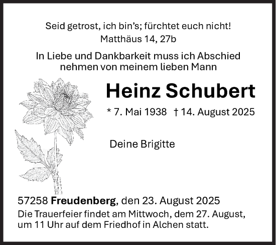Traueranzeige von Heinz Schubert von Siegener Zeitung
