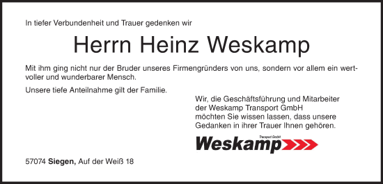 Traueranzeige von Heinz Weskamp von Siegener Zeitung