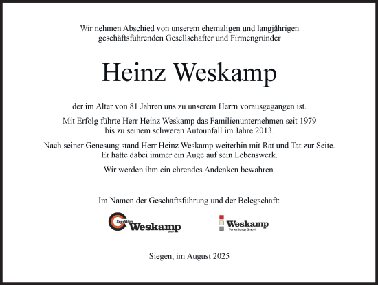 Traueranzeige von Heinz Weskamp von Siegener Zeitung