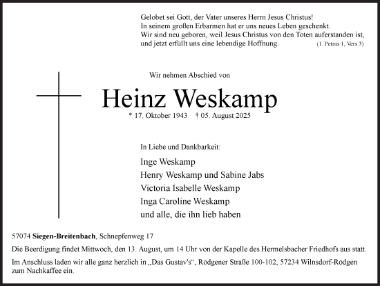 Traueranzeige von Heinz Weskamp von Siegener Zeitung