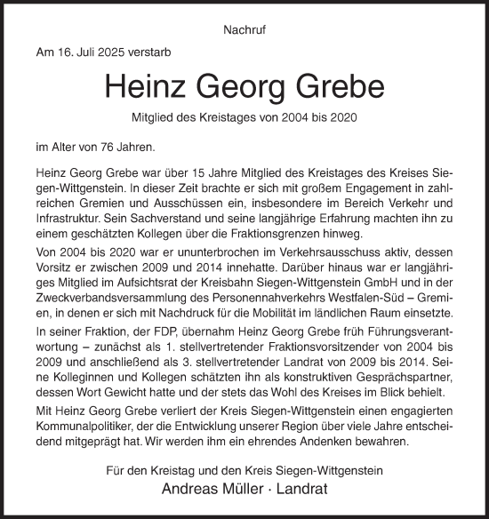 Traueranzeige von Heinz Georg Grebe von Siegener Zeitung