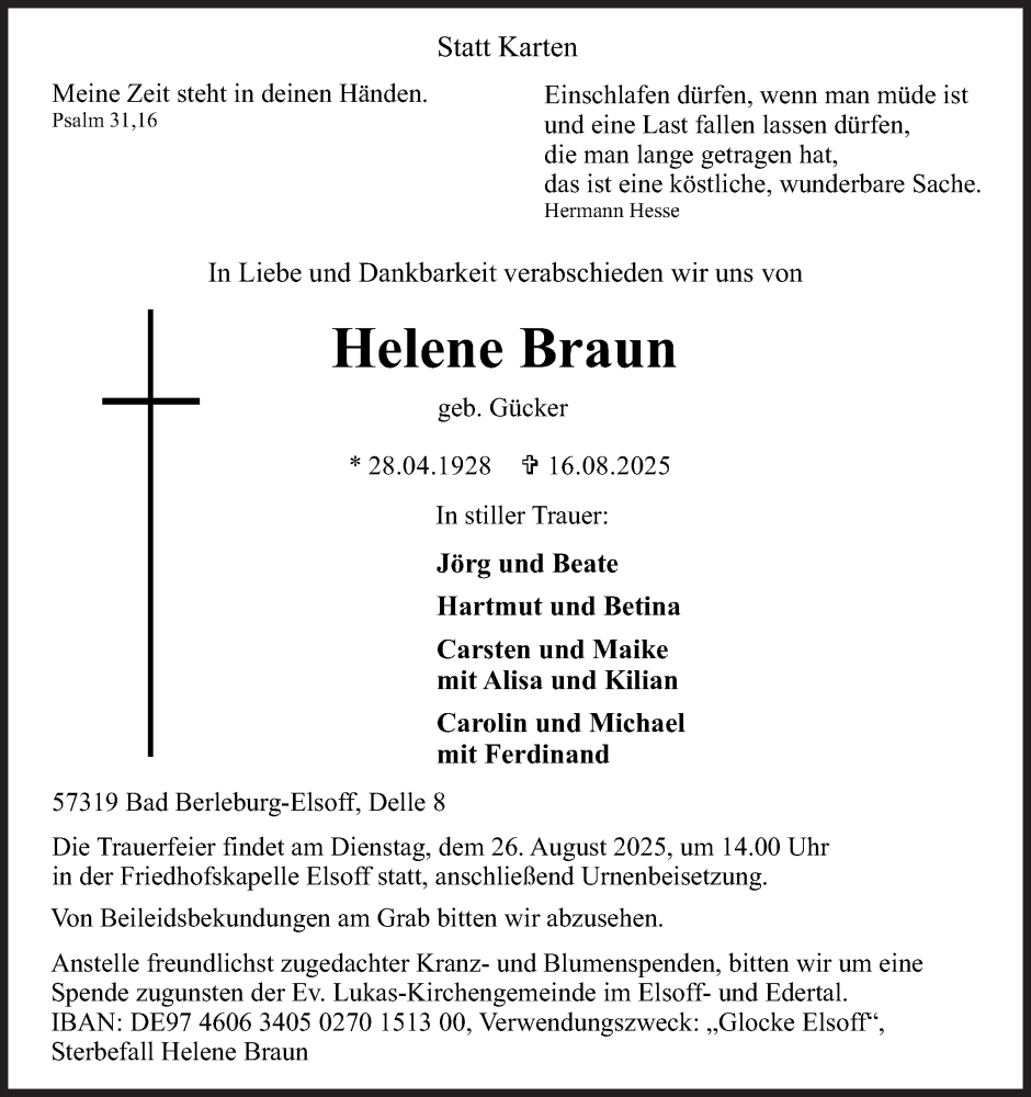  Traueranzeige für Helene Braun vom 20.08.2025 aus Siegener Zeitung