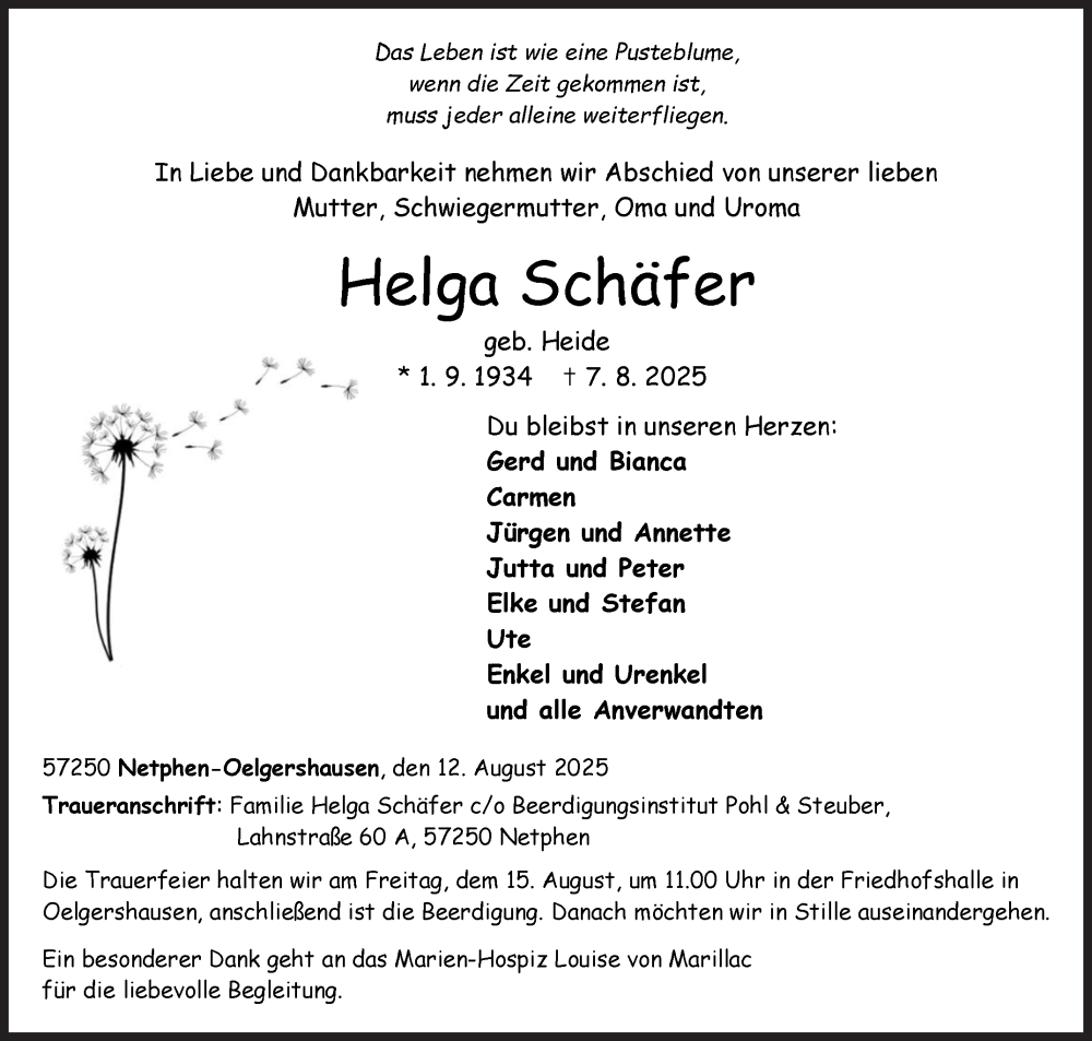  Traueranzeige für Helga Schäfer vom 12.08.2025 aus Siegener Zeitung