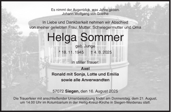 Traueranzeige von Helga Sommer von Siegener Zeitung