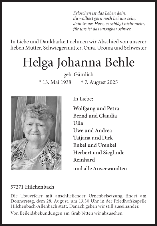Traueranzeige von Helga Johanna Behle von Siegener Zeitung