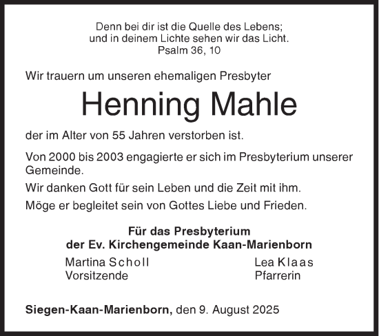 Traueranzeige von Henning Mahle von Siegener Zeitung
