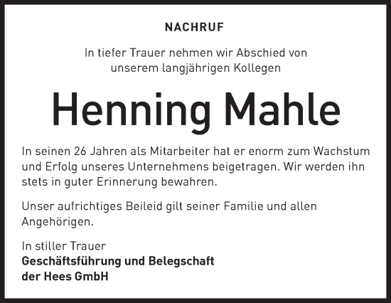 Traueranzeige von Henning Mahle von Siegener Zeitung