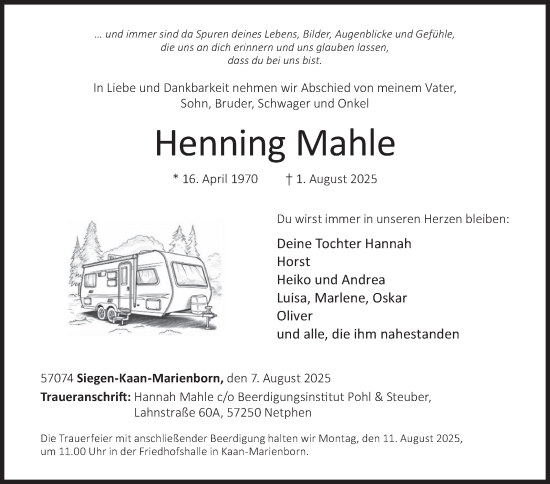 Traueranzeige von Henning Mahle von Siegener Zeitung