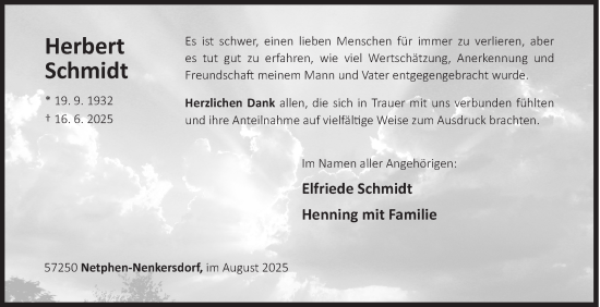 Traueranzeige von Herbert Schmidt von Siegener Zeitung