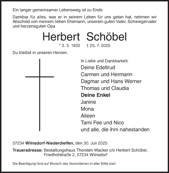 Traueranzeige von Herbert Schöbel von Siegener Zeitung