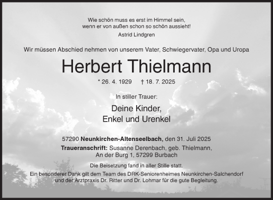 Traueranzeige von Herbert Thielmann von Siegener Zeitung
