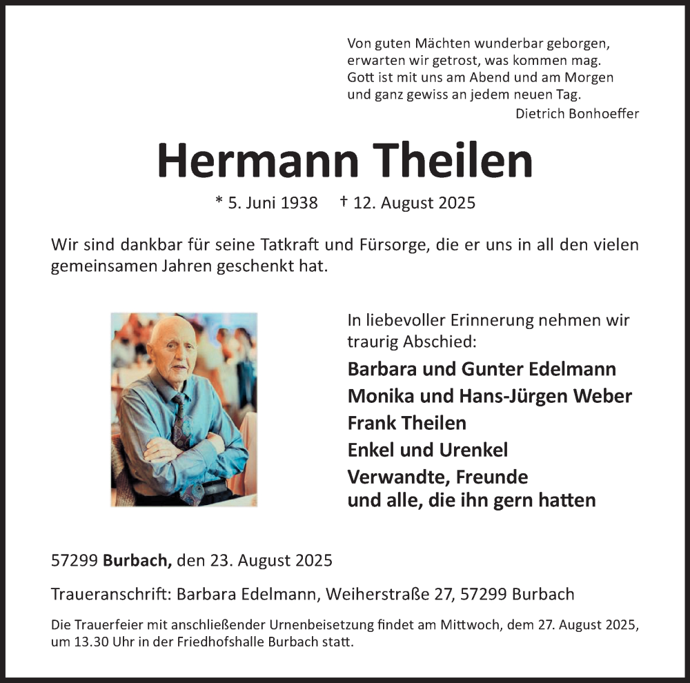  Traueranzeige für Hermann Theilen vom 23.08.2025 aus Siegener Zeitung