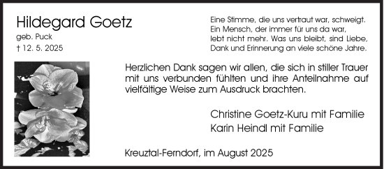 Traueranzeige von Hildegard Goetz von Siegener Zeitung