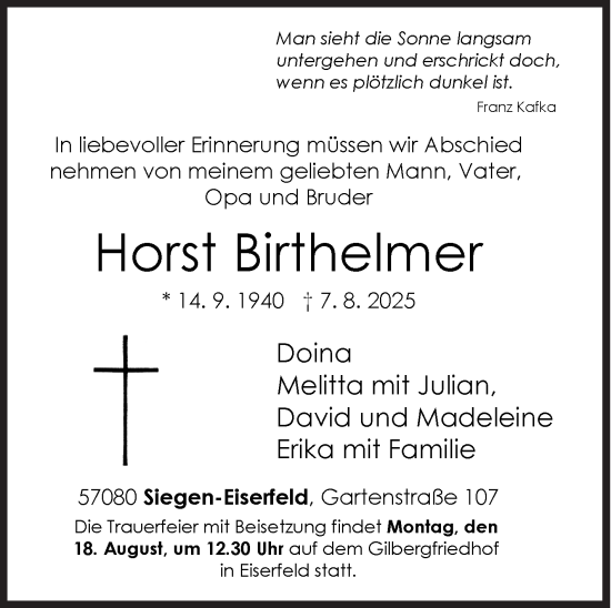 Traueranzeige von Horst Birthelmer von Siegener Zeitung