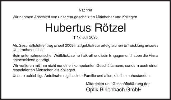 Traueranzeige von Hubertus Rötzel von Siegener Zeitung