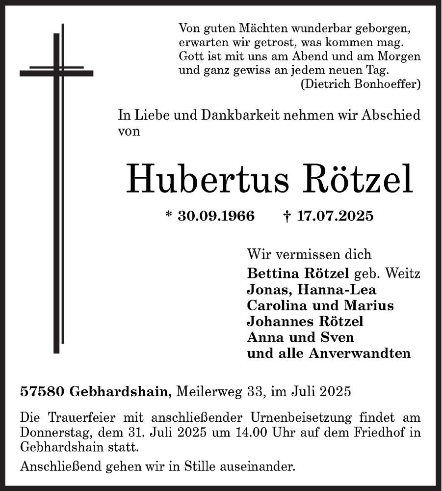  Traueranzeige für Hubertus Rötzel vom 26.07.2025 aus Siegener Zeitung