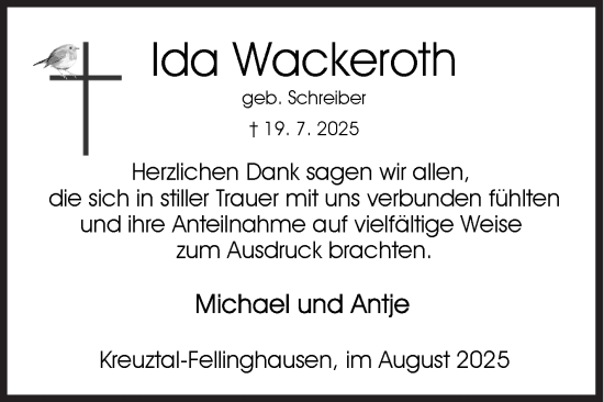 Traueranzeige von Ida Wackeroth von Siegener Zeitung