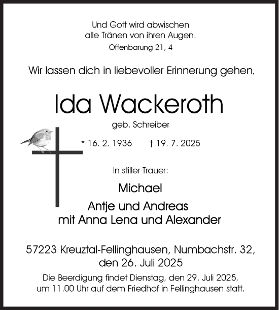 Traueranzeige von Ida Wackeroth von Siegener Zeitung