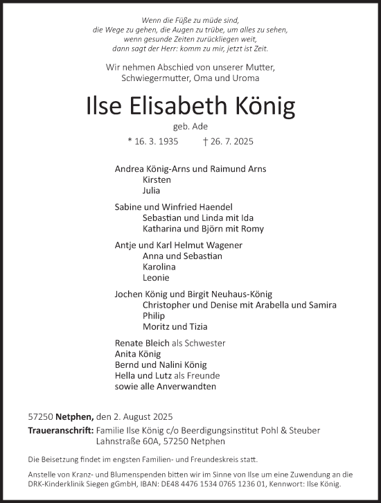 Traueranzeige von Ilse Elisabeth König von Siegener Zeitung