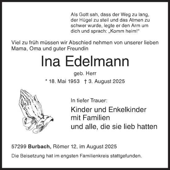 Traueranzeige von Ina Edelmann von Siegener Zeitung