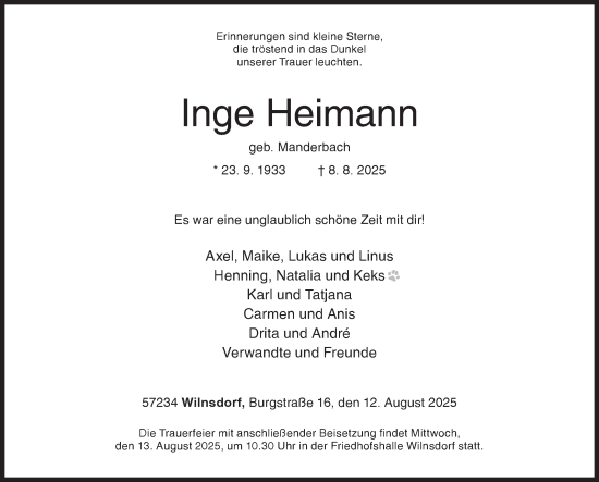 Traueranzeige von Inge Heimann von Siegener Zeitung