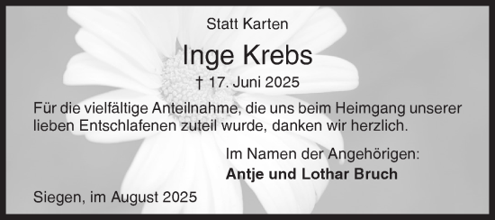 Traueranzeige von Inge Krebs von Siegener Zeitung