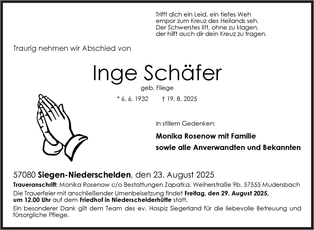  Traueranzeige für Inge Schäfer vom 23.08.2025 aus Siegener Zeitung