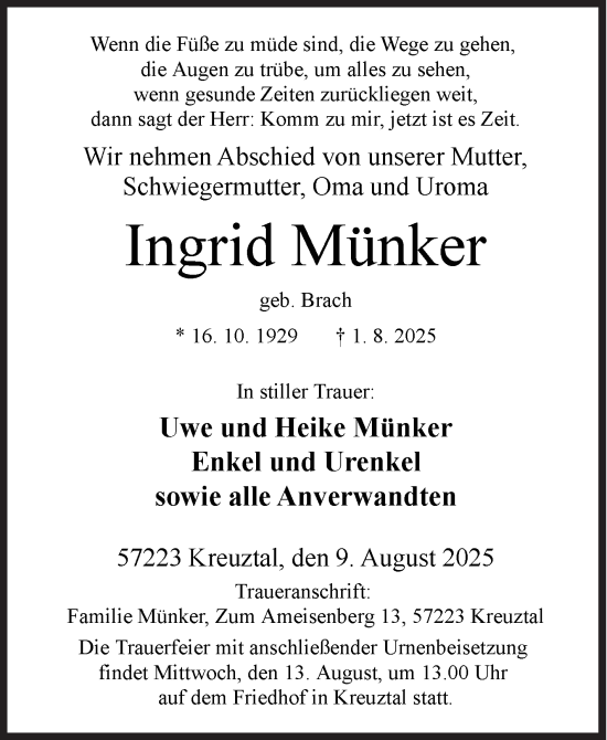 Traueranzeige von Ingrid Münker von Siegener Zeitung