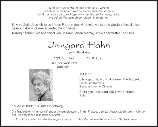 Traueranzeige von Irmgard Hahn von Siegener Zeitung