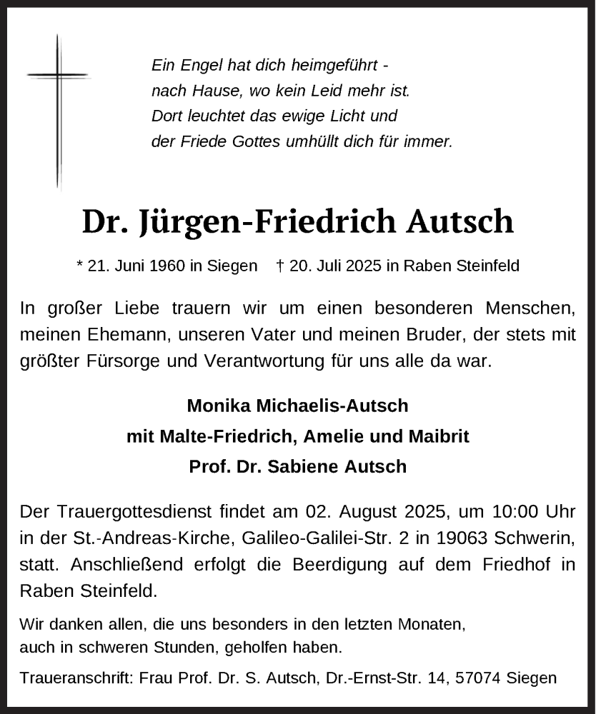  Traueranzeige für Jürgen-Friedrich Autsch vom 26.07.2025 aus Siegener Zeitung