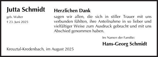 Traueranzeige von Jutta Schmidt von Siegener Zeitung