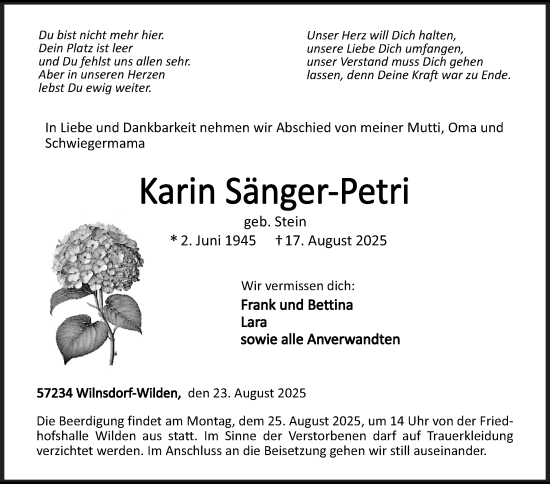 Traueranzeige von Karin Sänger-Petri von Siegener Zeitung
