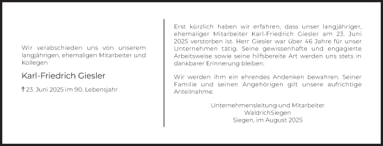 Traueranzeige von Karl-Friedrich Giesler von Siegener Zeitung