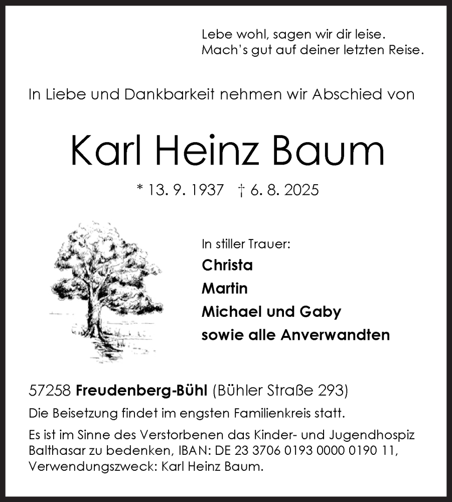  Traueranzeige für Karl Heinz Baum vom 09.08.2025 aus Siegener Zeitung