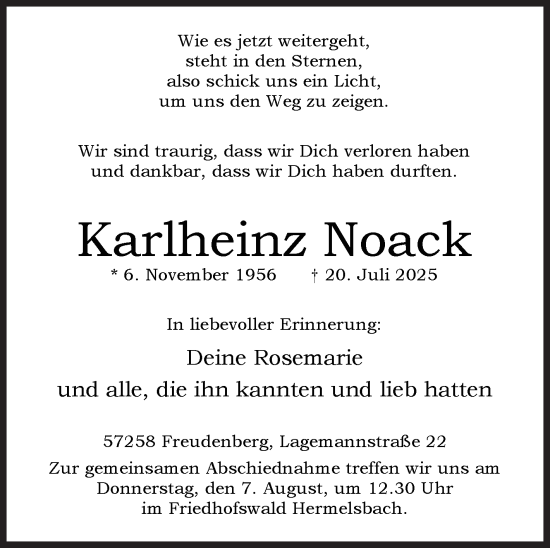 Traueranzeige von Karlheinz Noack von Siegener Zeitung