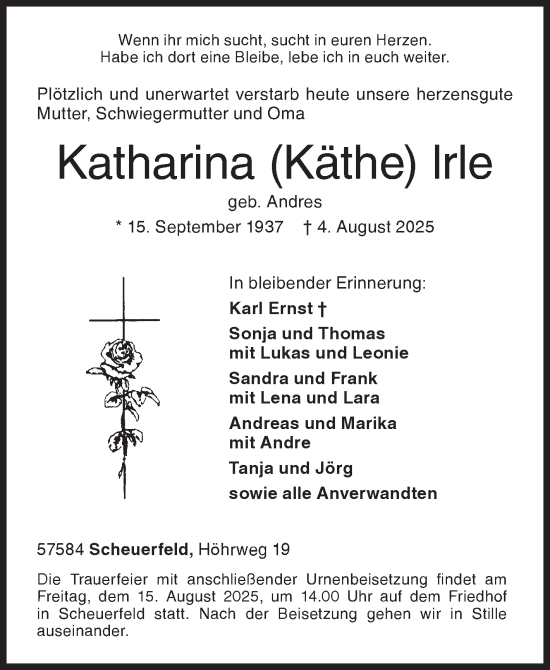 Traueranzeige von Katharina Irle von Siegener Zeitung