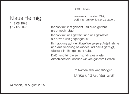 Traueranzeige von Klaus Helmig von Siegener Zeitung