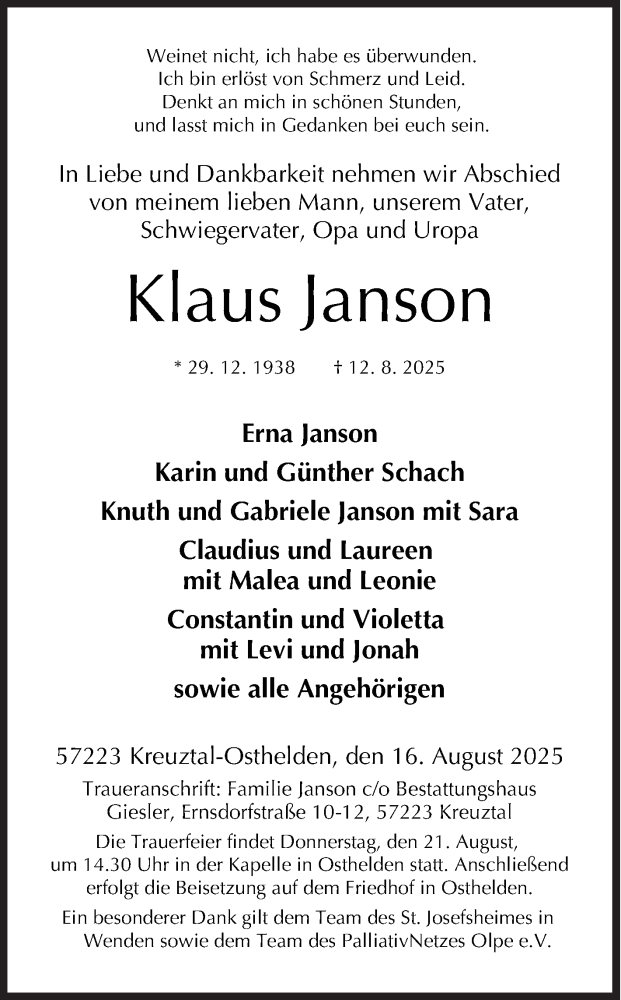  Traueranzeige für Klaus Janson vom 16.08.2025 aus Siegener Zeitung
